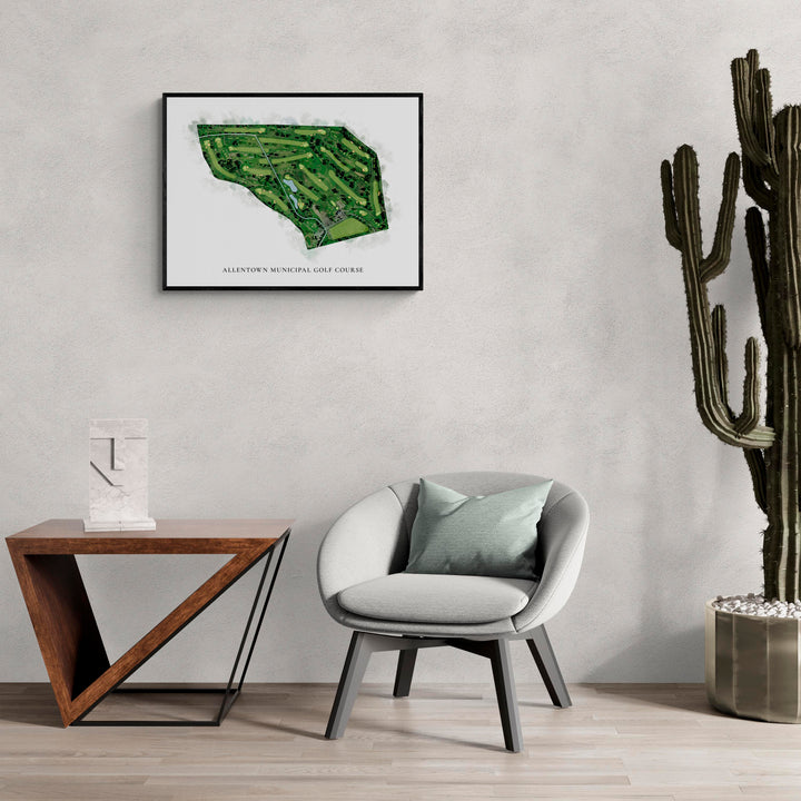 Classic Map of Allentown Municipal Golf Course in a living room with large cactus plant