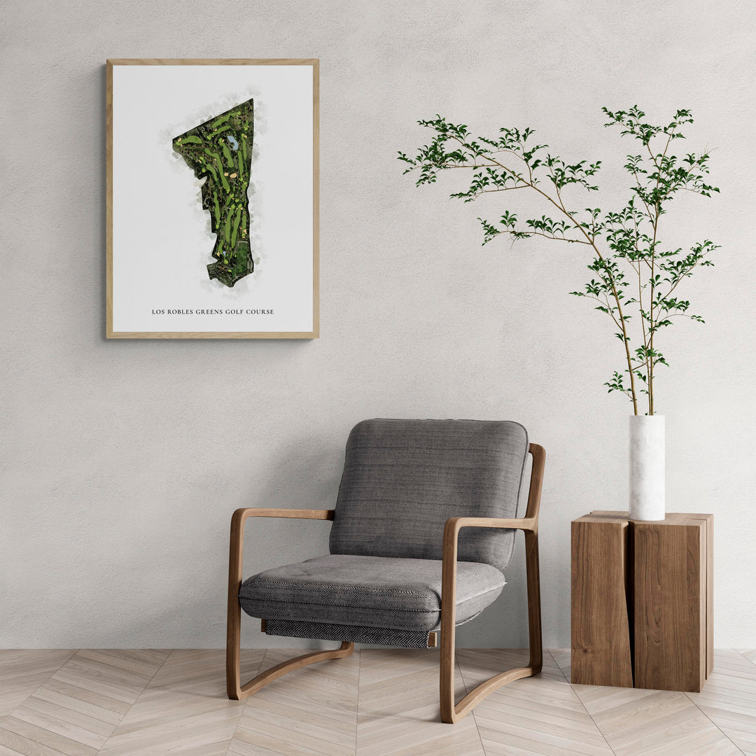 Classic Map of Los Robles Greens Golf Course with a comfy armchair and large plant
