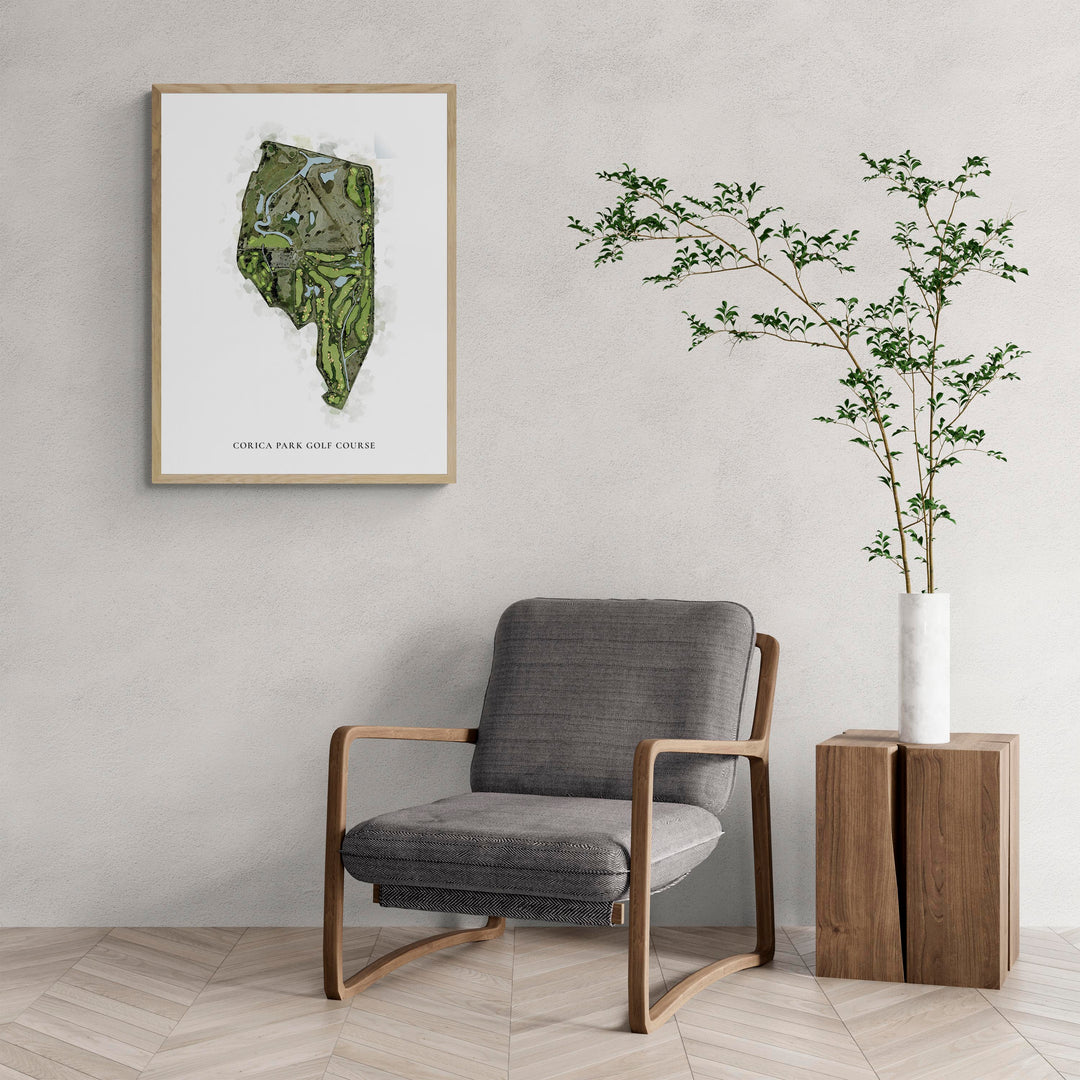 Classic Map of Corica Park Golf Course with a comfy armchair and large plant