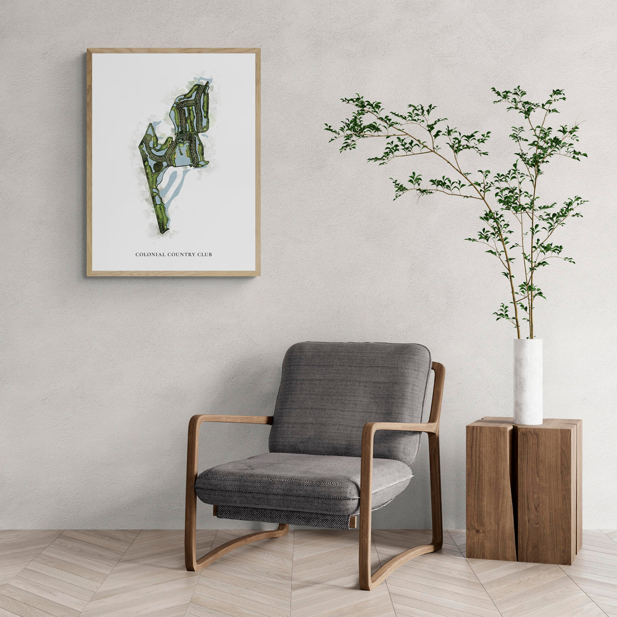 Classic Map of Colonial Country Club with a comfy armchair and large plant