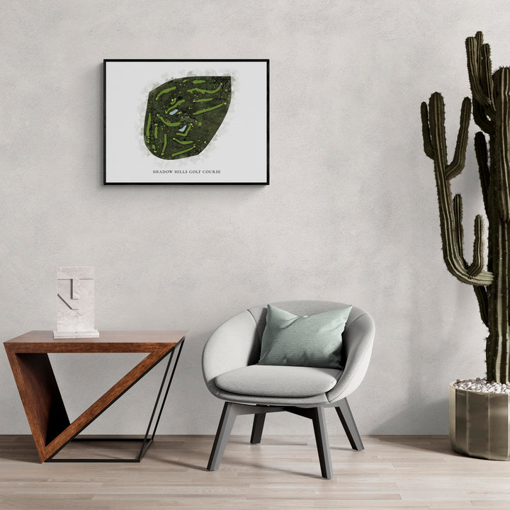 Classic Map of Shadow Hills Golf Course in a living room with large cactus plant