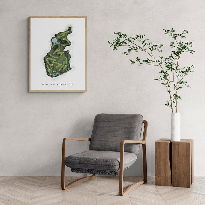 Classic Map of Somerset Hills Country Club with a comfy armchair and large plant