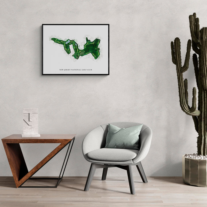 Classic Map of New Jersey National Golf Club in a living room with large cactus plant
