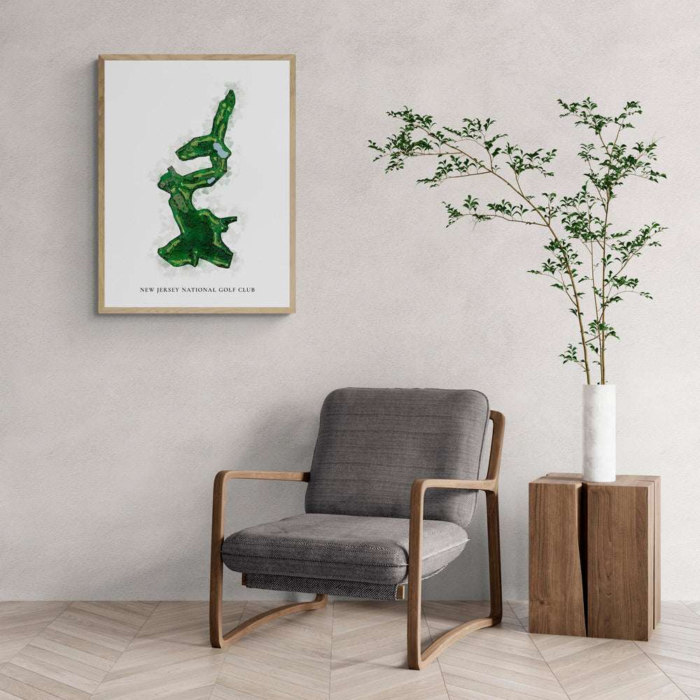 Classic Map of New Jersey National Golf Club with a comfy armchair and large plant