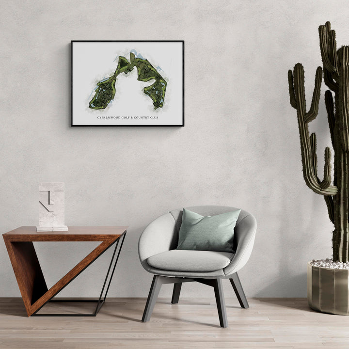 Classic Map of Cypresswood Golf &amp; Country Club in a living room with large cactus plant