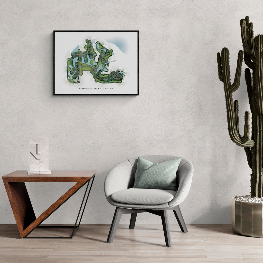Classic Map of Kissimmee Oaks Golf Club in a living room with large cactus plant