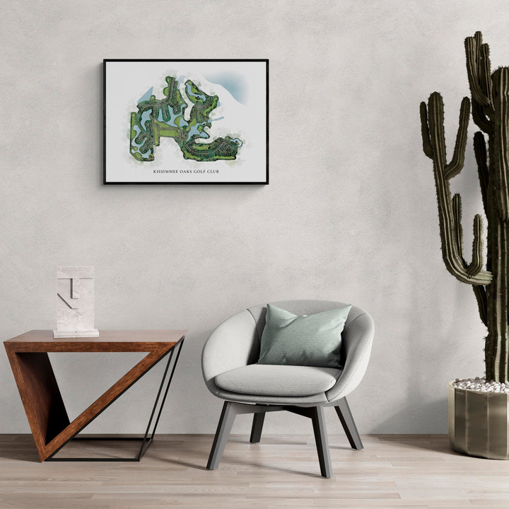 Classic Map of Kissimmee Oaks Golf Club in a living room with large cactus plant