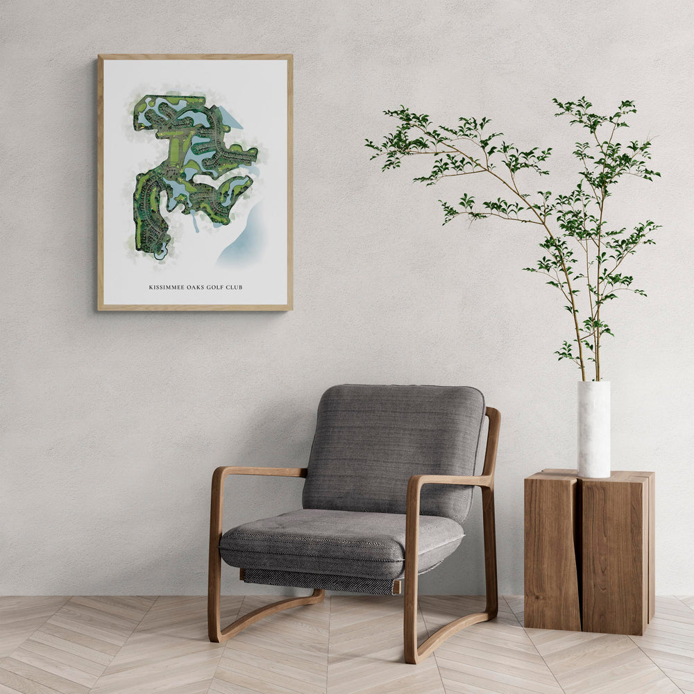 Classic Map of Kissimmee Oaks Golf Club with a comfy armchair and large plant