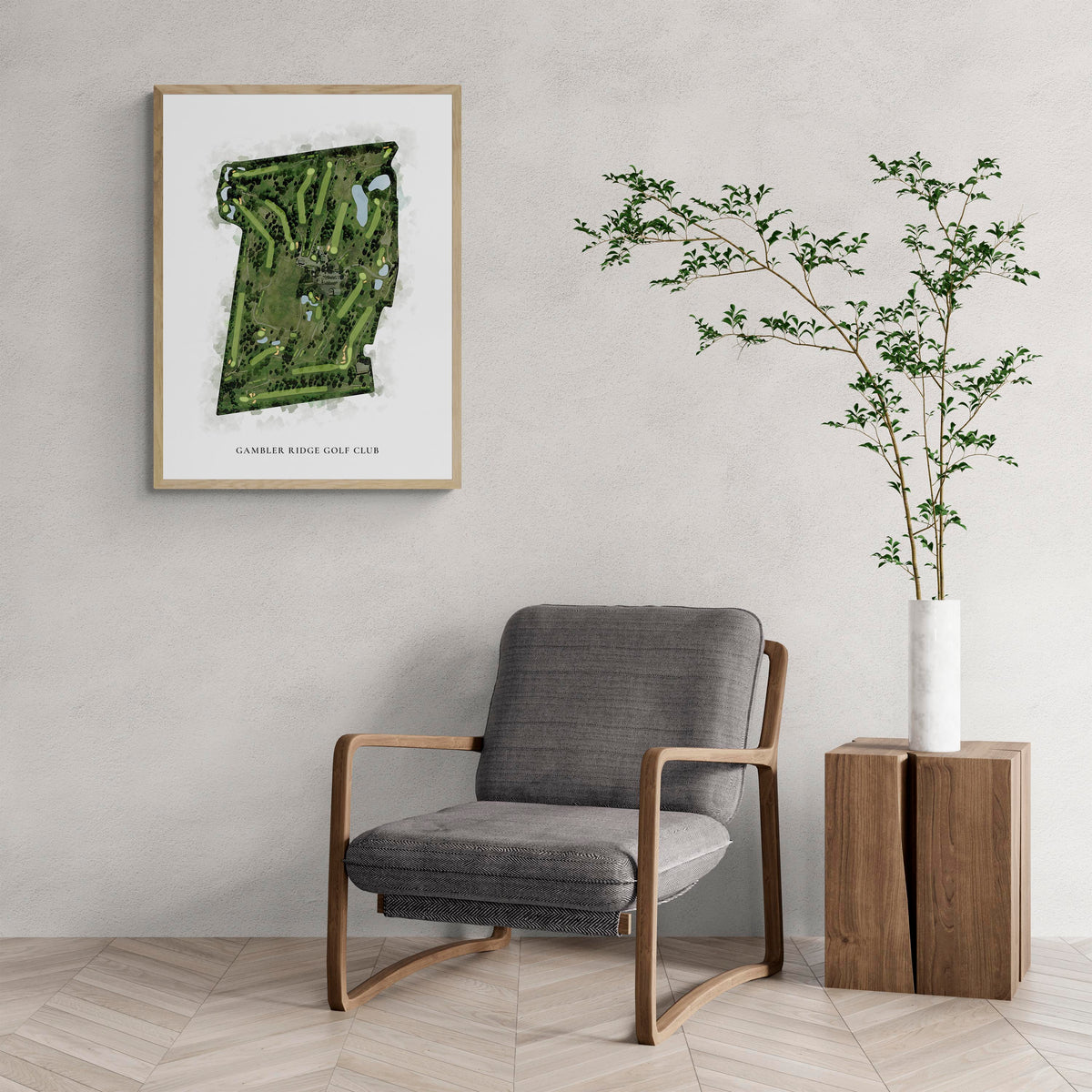 Classic Map of Gambler Ridge Golf Club with a comfy armchair and large plant