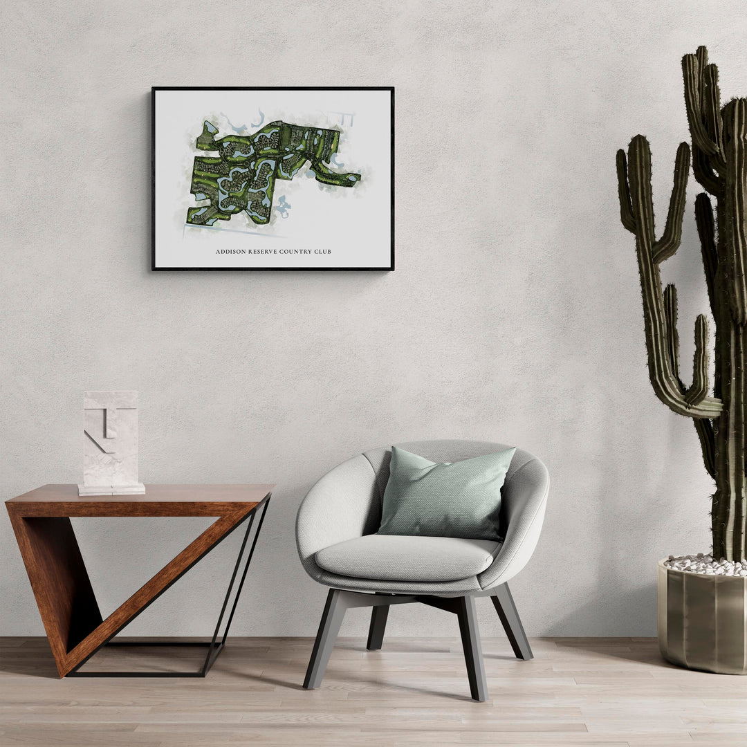 Classic Map of Addison Reserve Country Club in a living room with large cactus plant