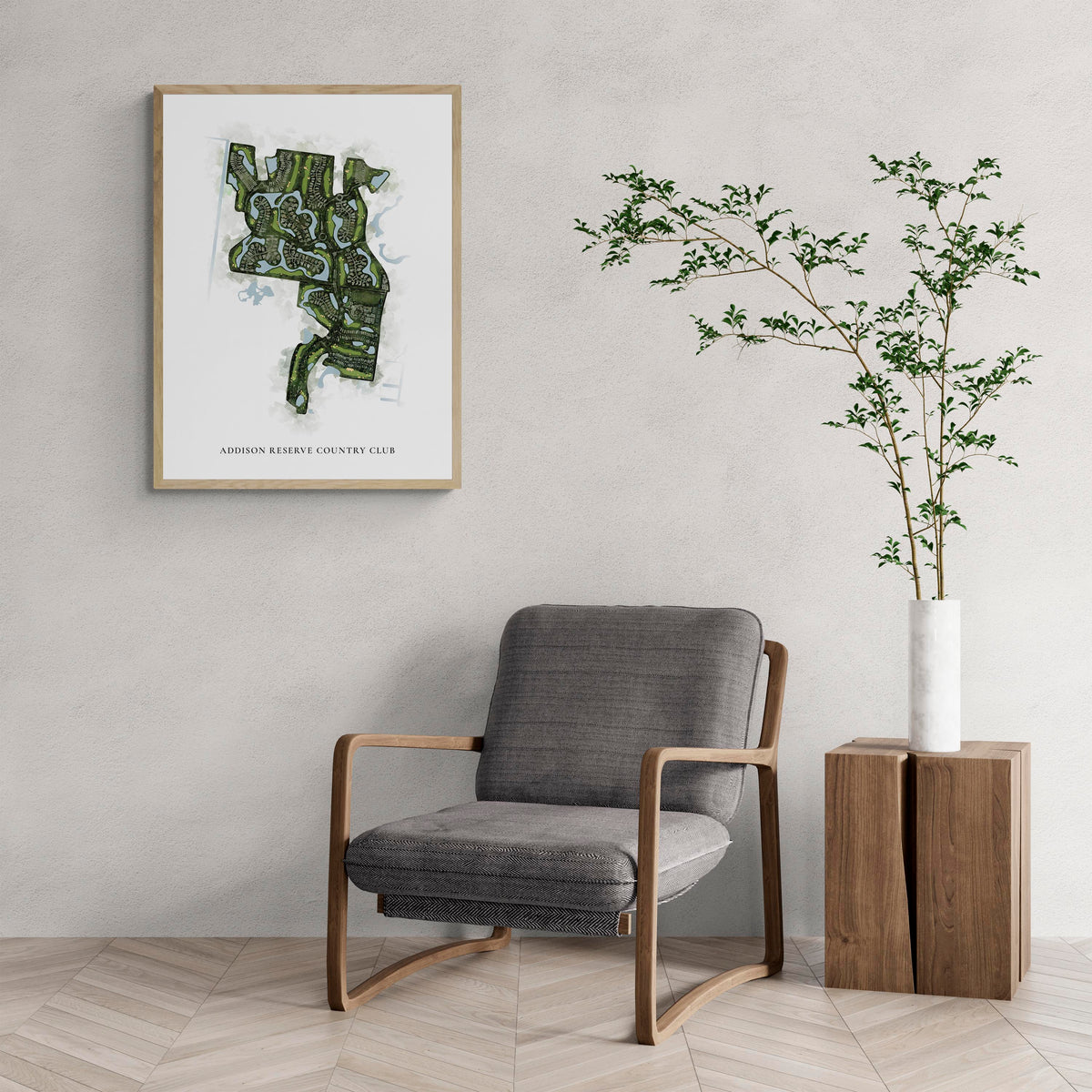 Classic Map of Addison Reserve Country Club with a comfy armchair and large plant