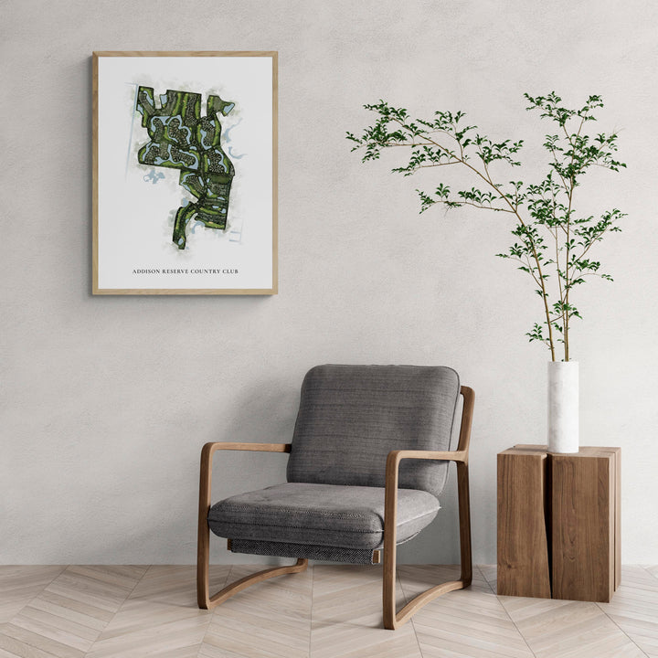 Classic Map of Addison Reserve Country Club with a comfy armchair and large plant
