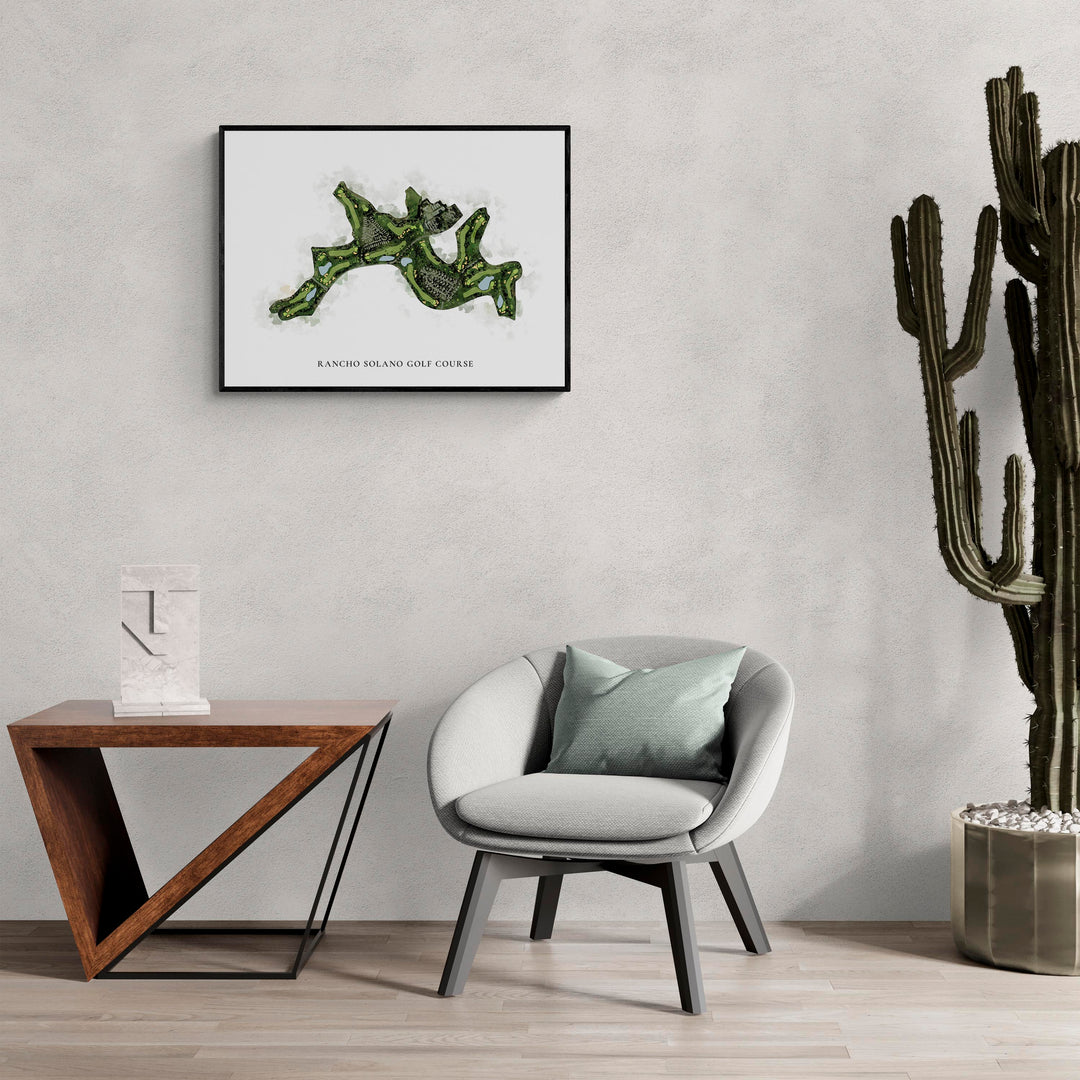 Classic Map of Rancho Solano Golf Course in a living room with large cactus plant