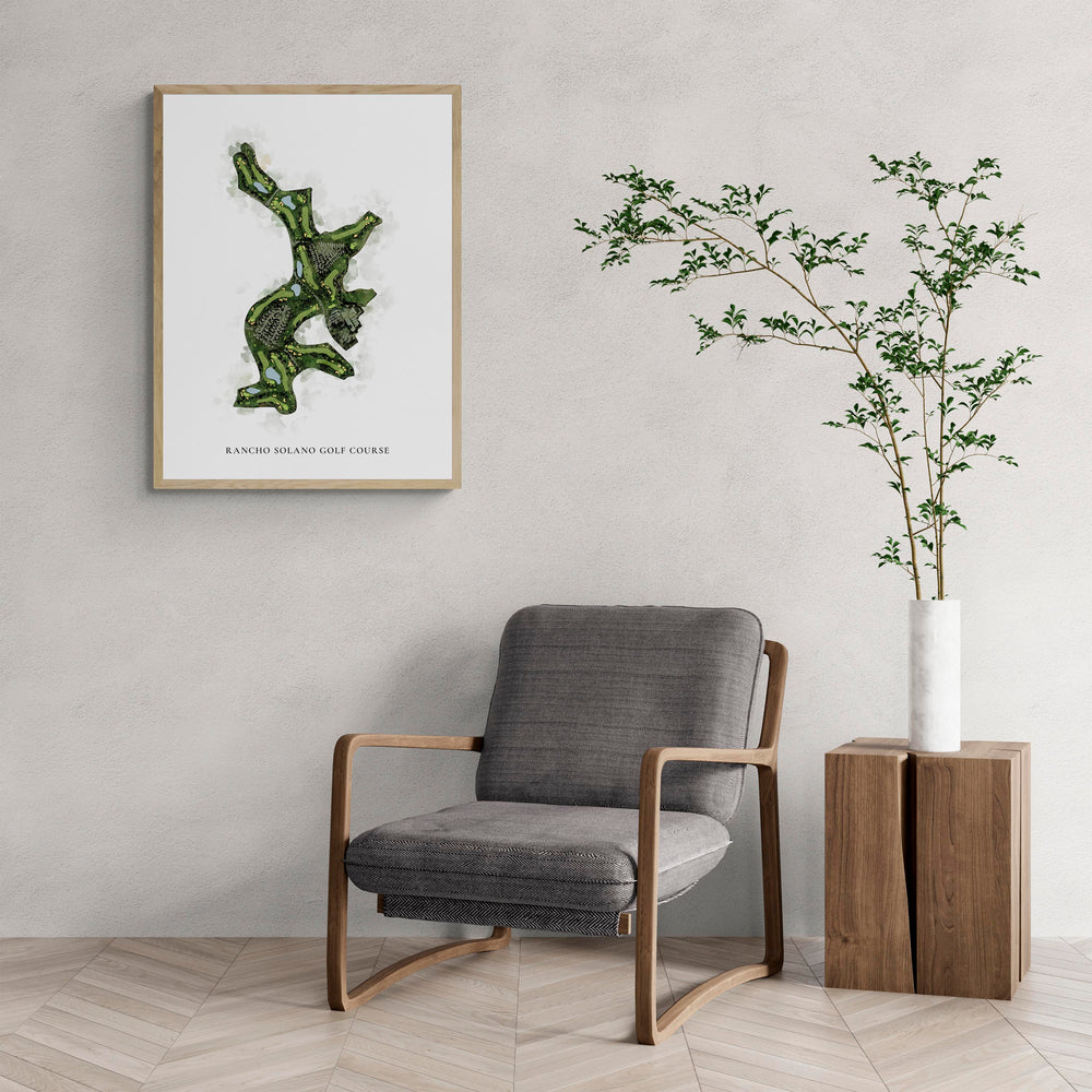 Classic Map of Rancho Solano Golf Course with a comfy armchair and large plant