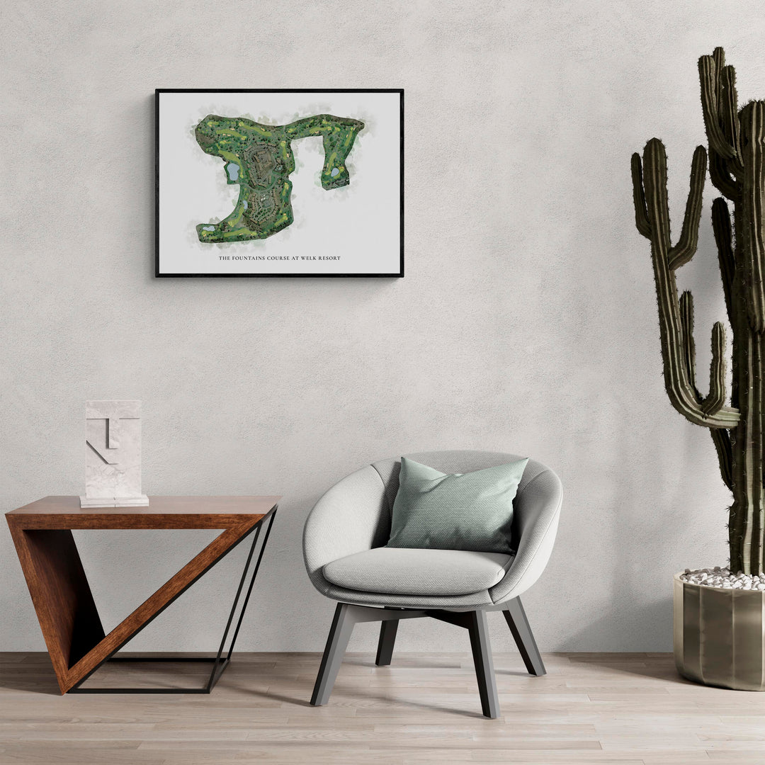 Classic Map of The Fountains Course At Welk Resort in a living room with large cactus plant