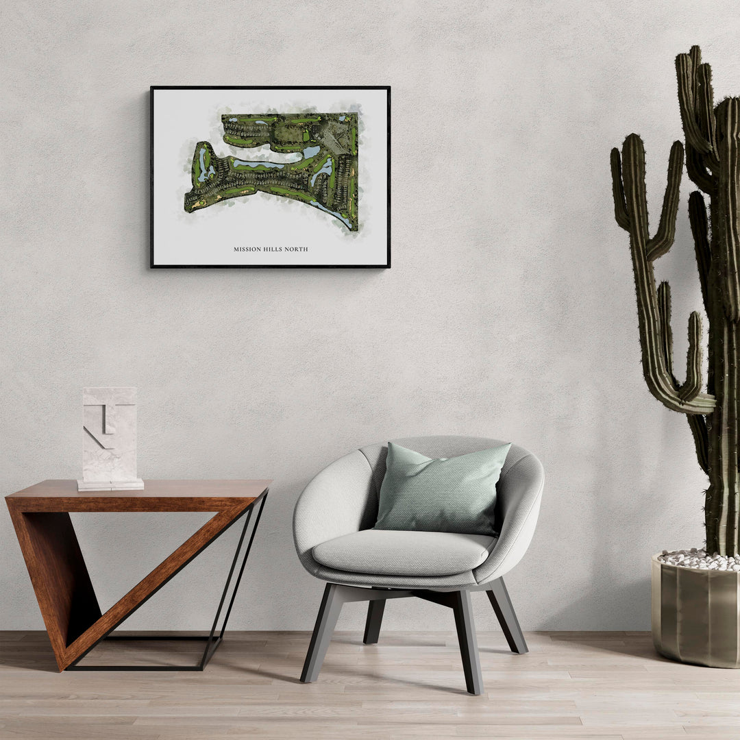 Classic Map of Mission Hills North in a living room with large cactus plant