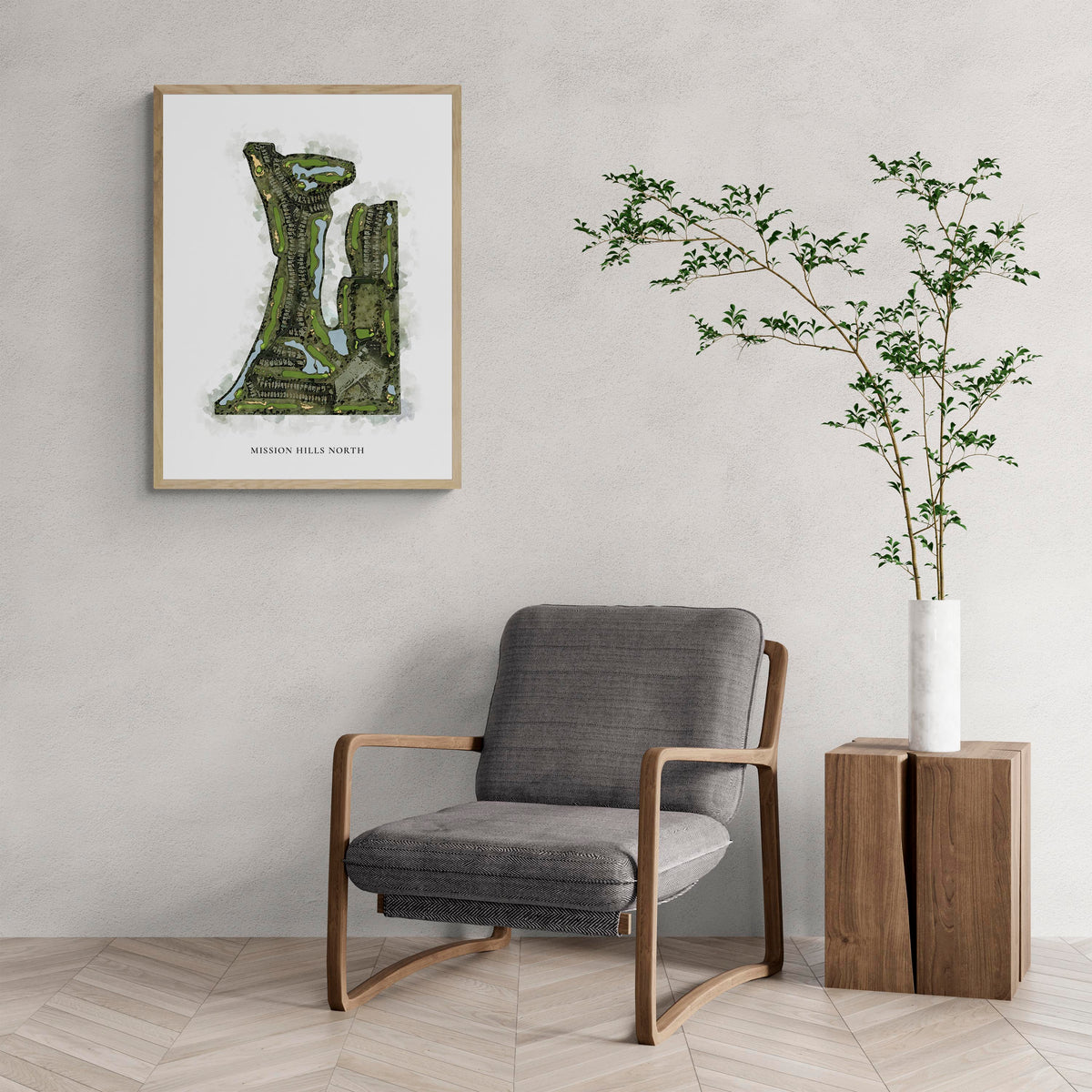 Classic Map of Mission Hills North with a comfy armchair and large plant