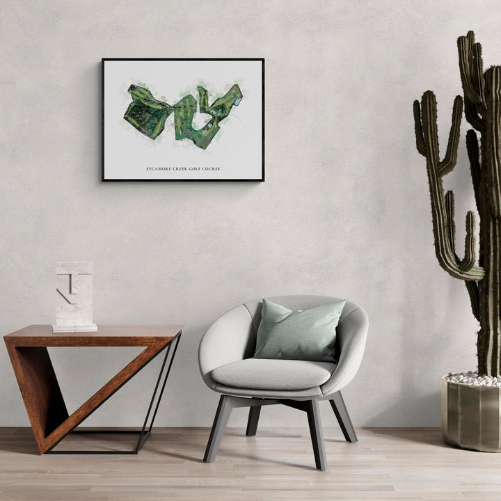 Classic Map of Sycamore Creek Golf Course in a living room with large cactus plant