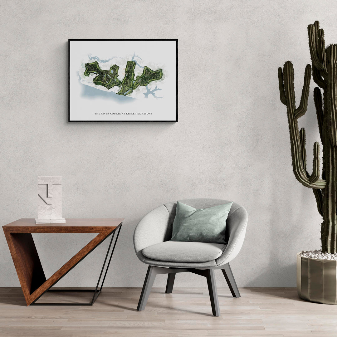 Classic Map of The River Course At Kingsmill Resort in a living room with large cactus plant
