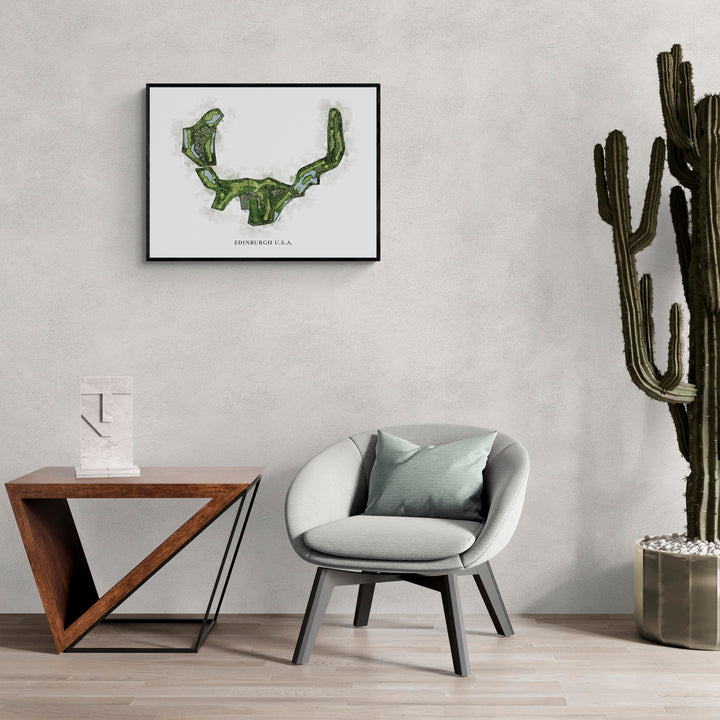 Classic Map of Edinburgh U.S.A. in a living room with large cactus plant