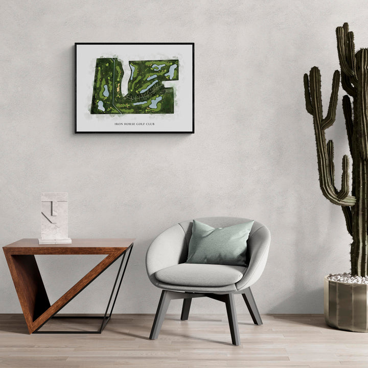 Classic Map of Iron Horse Golf Club in a living room with large cactus plant