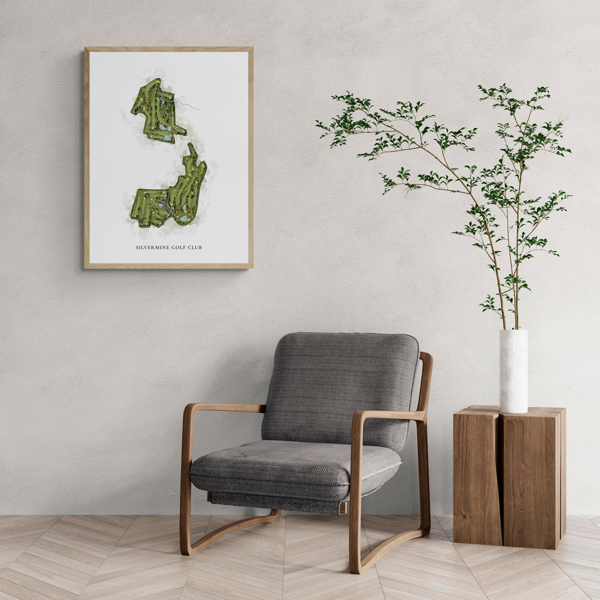 Classic Map of Silvermine Golf Club with a comfy armchair and large plant