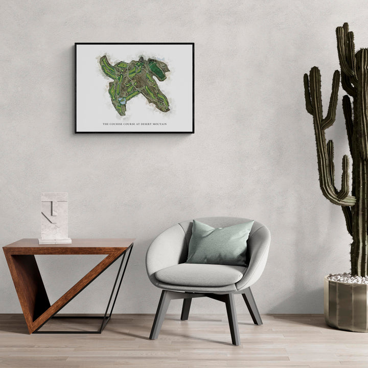 Classic Map of The Cochise Course At Desert Moutain in a living room with large cactus plant