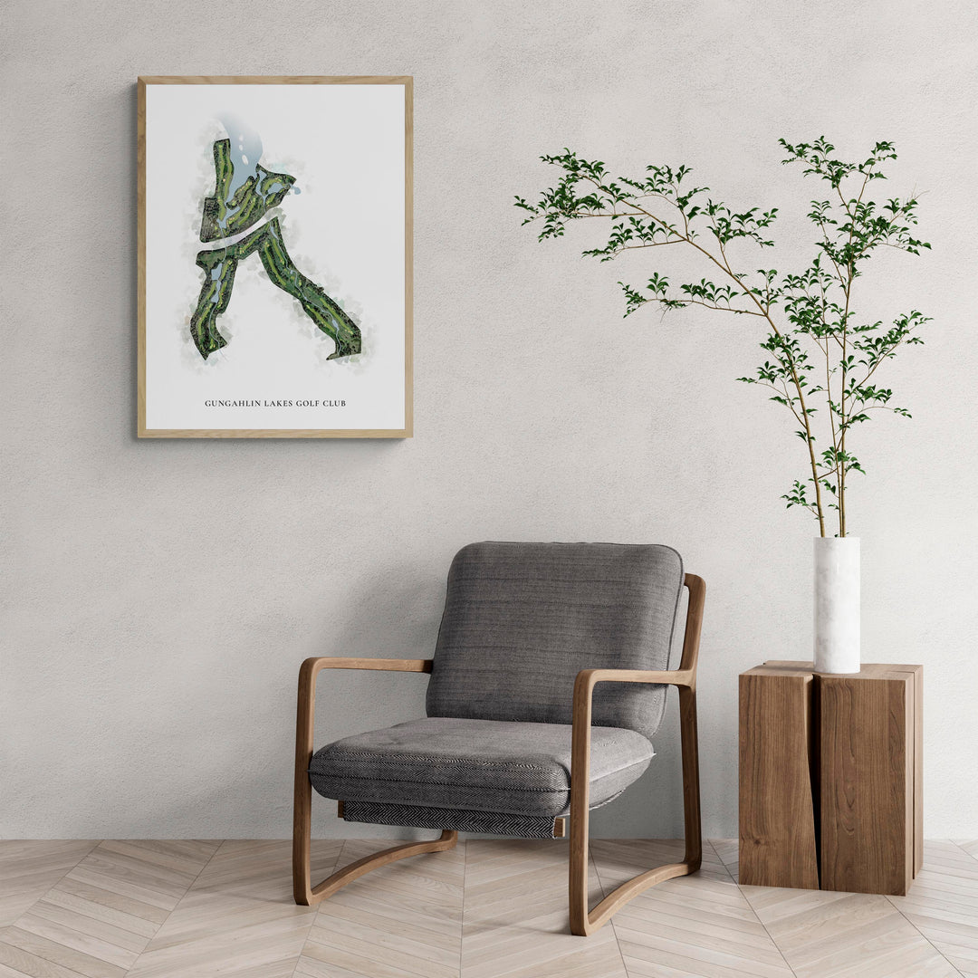 Classic Map of Gungahlin Lakes Golf Club with a comfy armchair and large plant