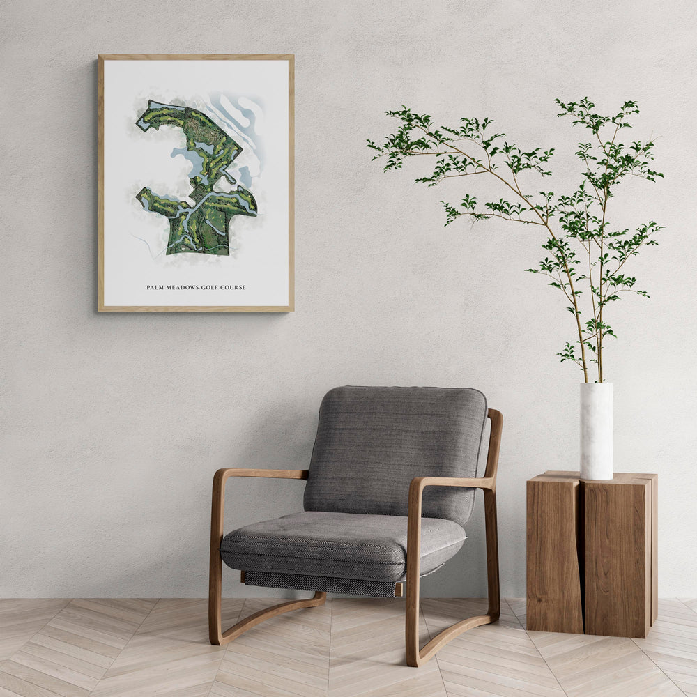 Classic Map of Palm Meadows Golf Course with a comfy armchair and large plant