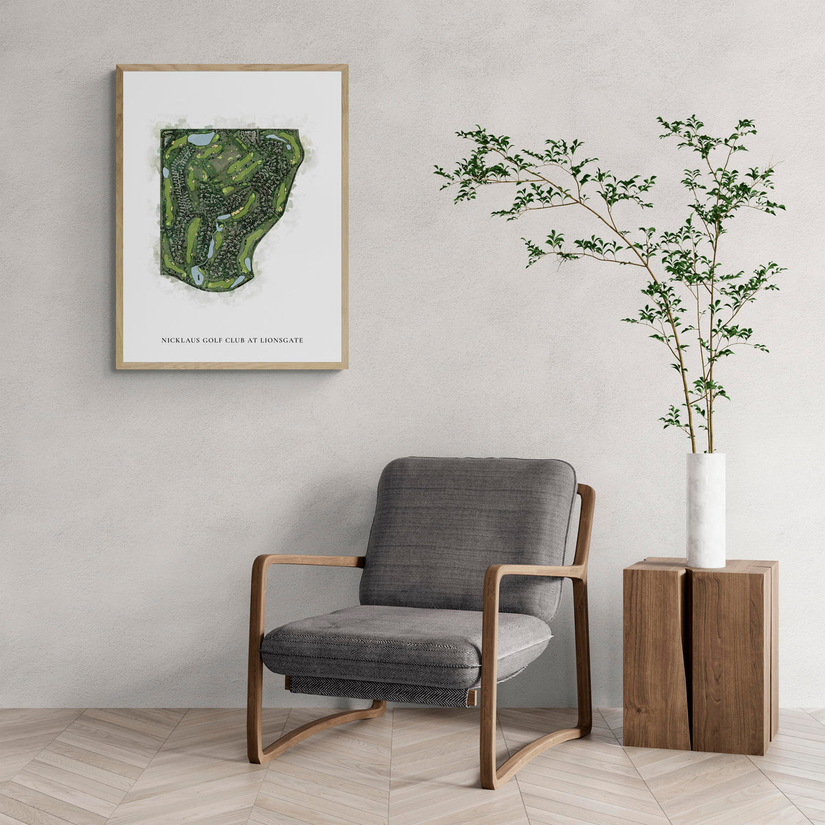Classic Map of Nicklaus Golf Club At Lionsgate with a comfy armchair and large plant
