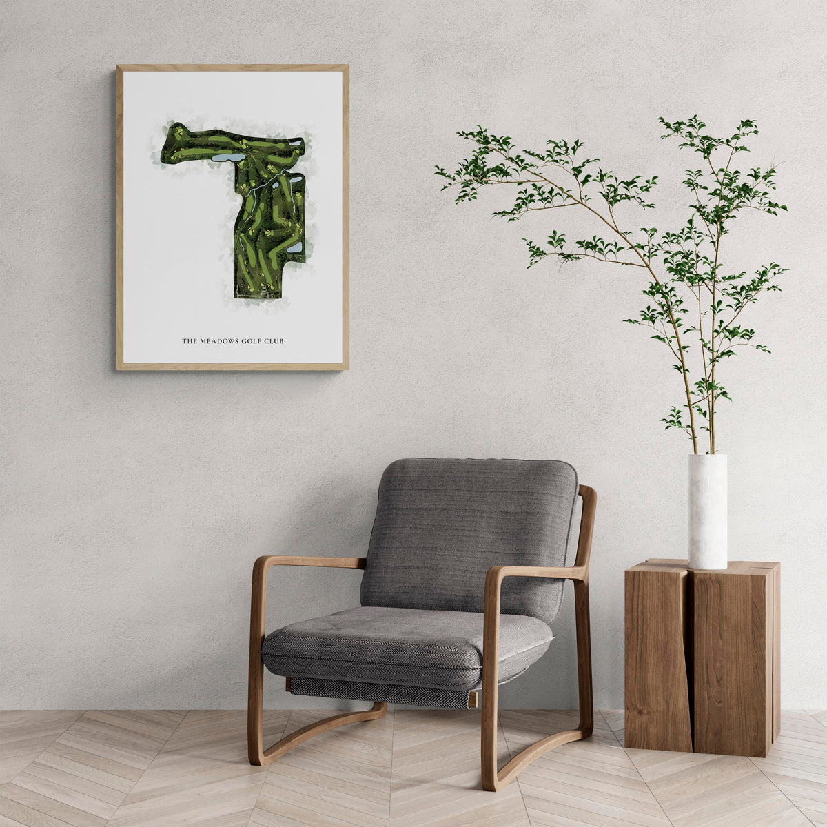 Classic Map of The Meadows Golf Club with a comfy armchair and large plant