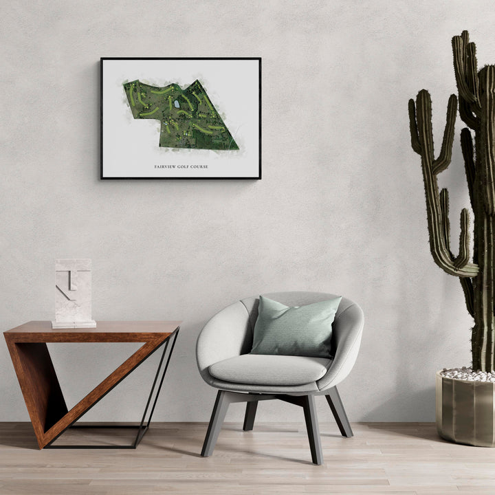 Classic Map of Fairview Golf Course in a living room with large cactus plant