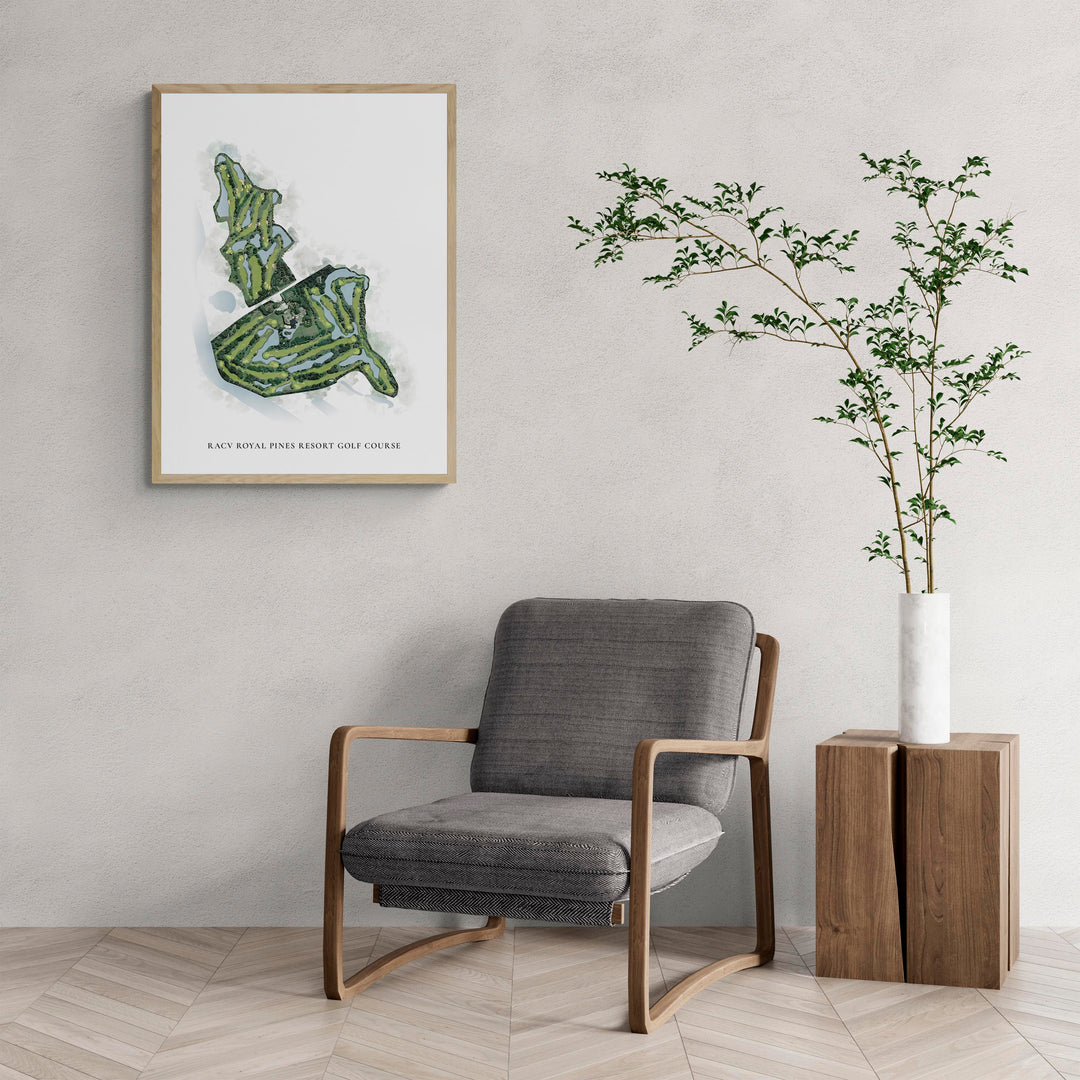 Classic Map of Racv Royal Pines Resort Golf Course with a comfy armchair and large plant