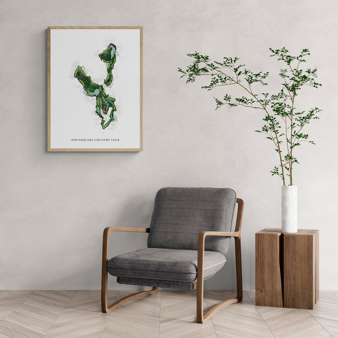 Classic Map of Houndslake Country Club with a comfy armchair and large plant