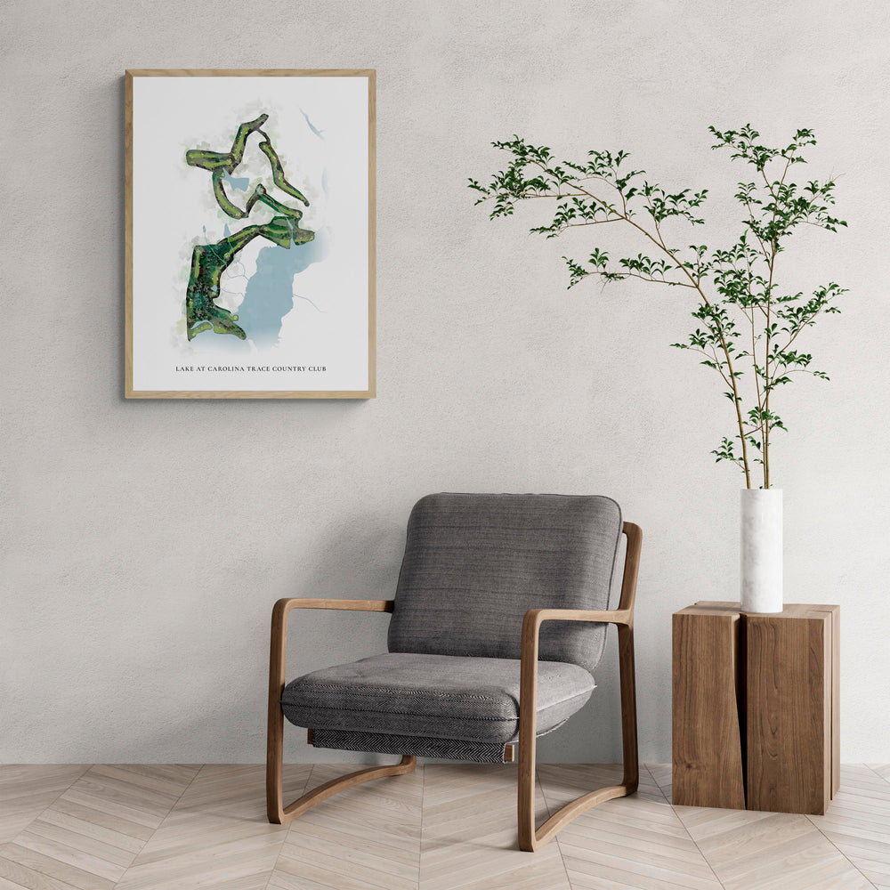 Classic Map of Lake At Carolina Trace Country Club with a comfy armchair and large plant