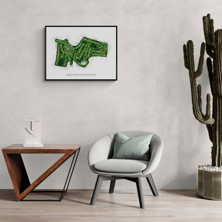 Classic Map of Great Neck Country Club in a living room with large cactus plant