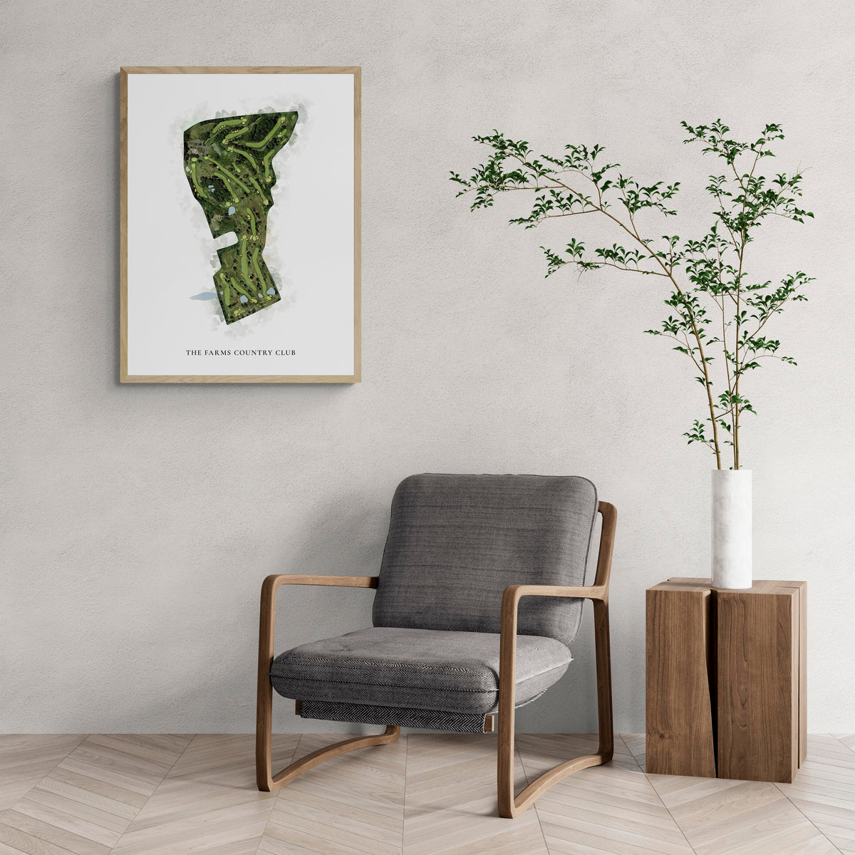 Classic Map of The Farms Country Club with a comfy armchair and large plant