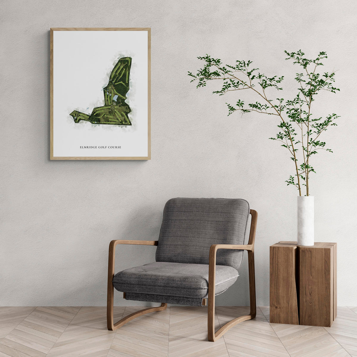 Classic Map of Elmridge Golf Course with a comfy armchair and large plant