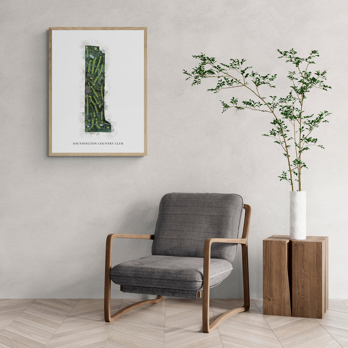 Classic Map of Southington Country Club with a comfy armchair and large plant