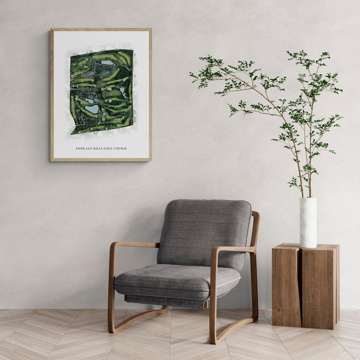 Classic Map of Emerald Hills Golf Course with a comfy armchair and large plant