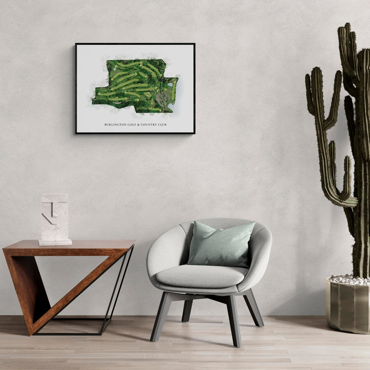 Classic Map of Burlington Golf &amp; Country Club in a living room with large cactus plant