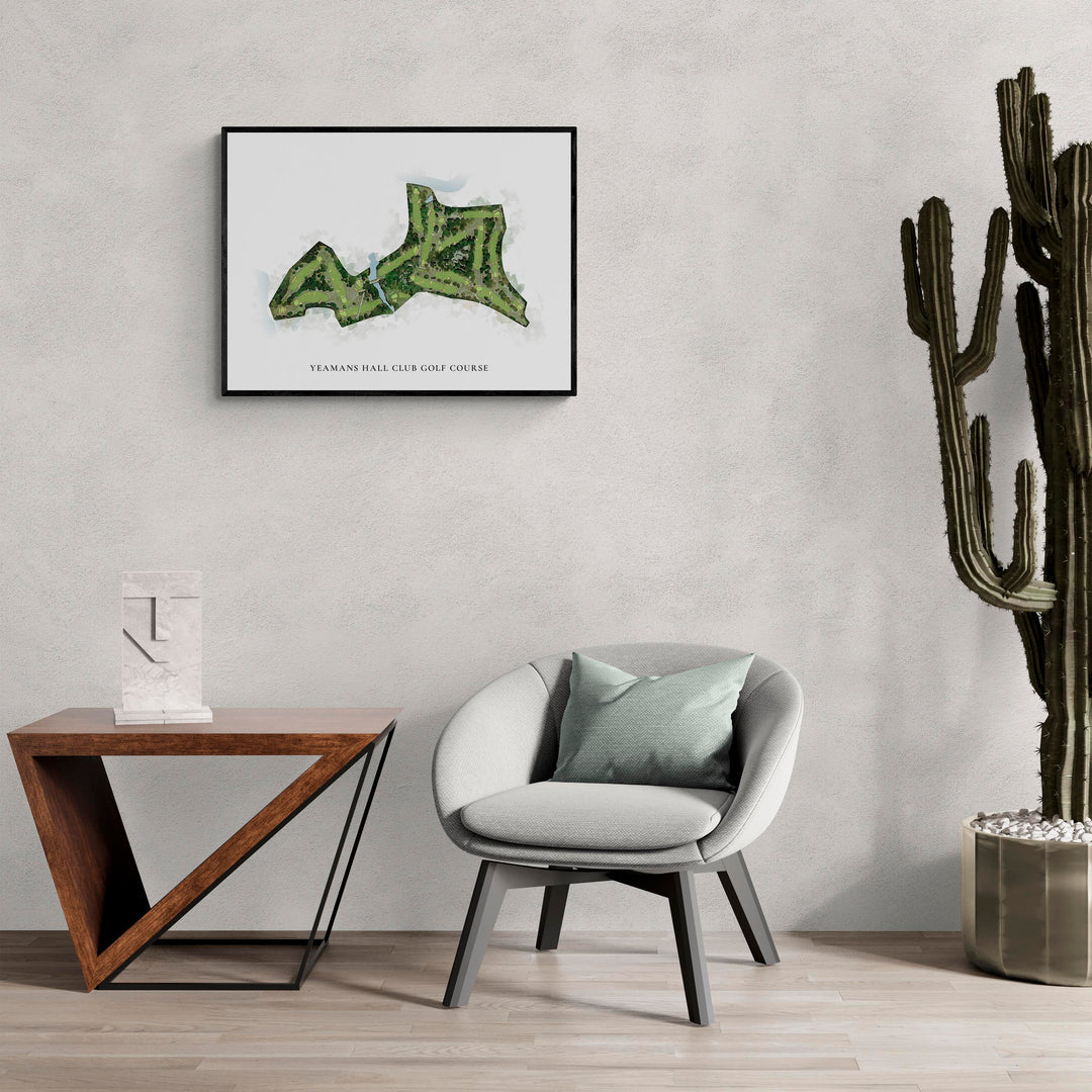 Classic Map of Yeamans Hall Club Golf Course in a living room with large cactus plant