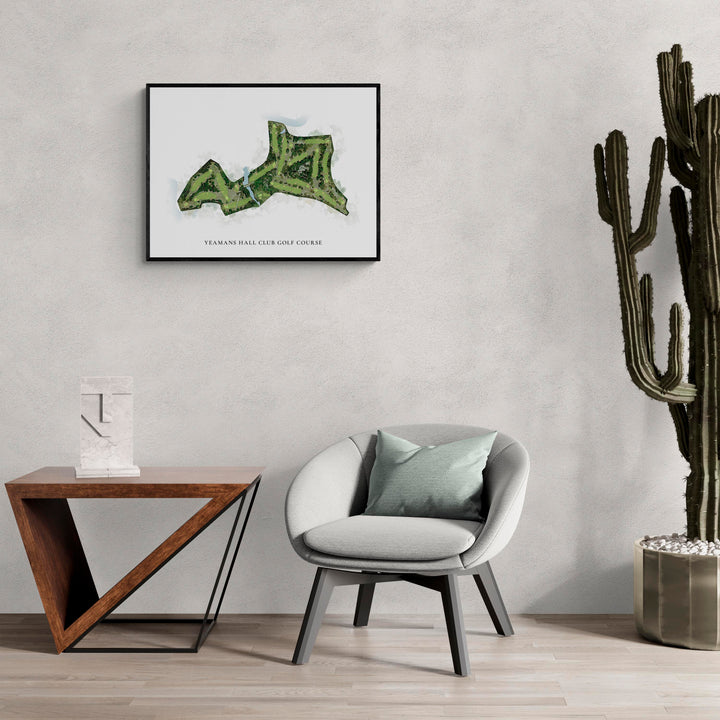 Classic Map of Yeamans Hall Club Golf Course in a living room with large cactus plant