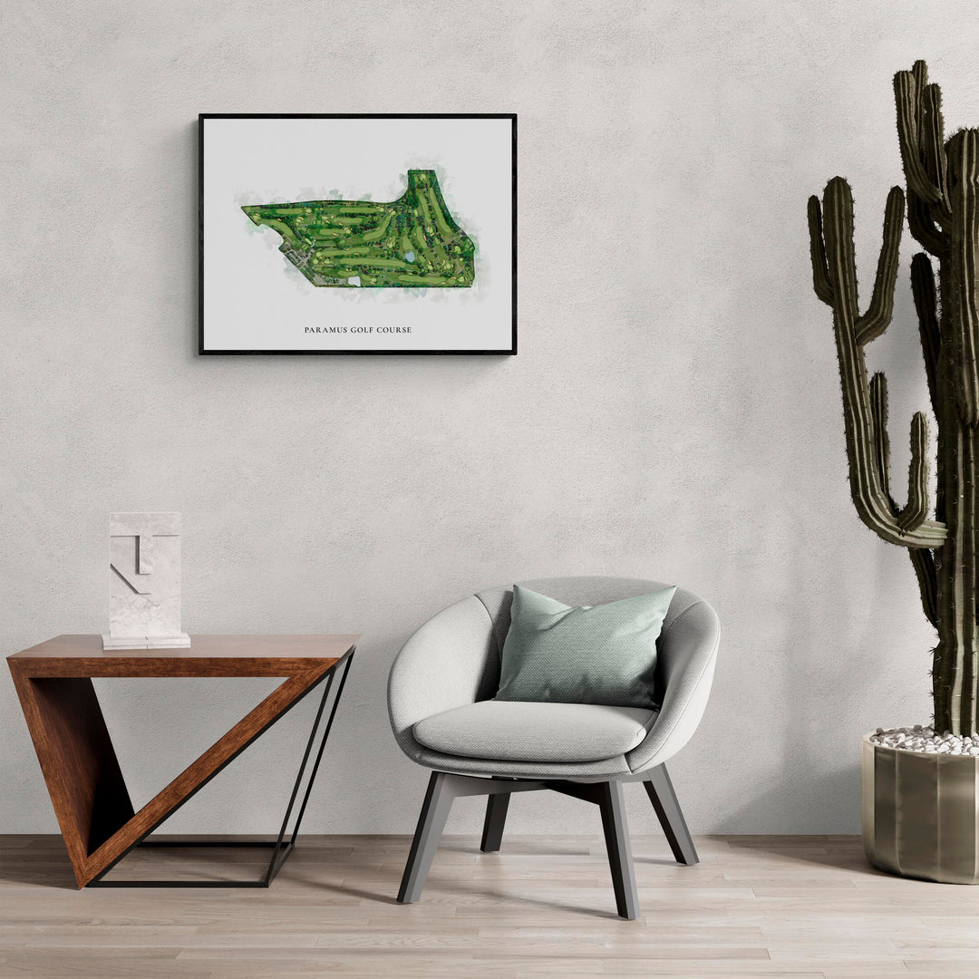 Classic Map of Paramus Golf Course in a living room with large cactus plant