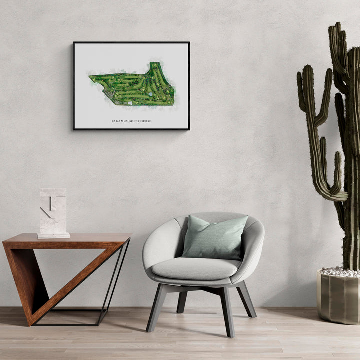 Classic Map of Paramus Golf Course in a living room with large cactus plant