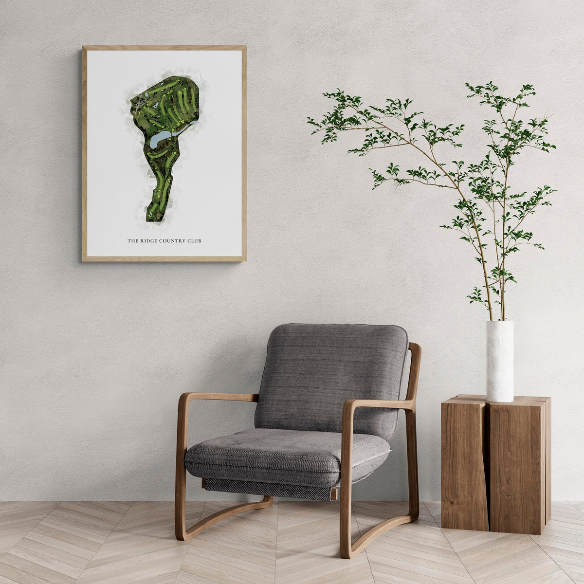 Classic Map of The Ridge Country Club with a comfy armchair and large plant