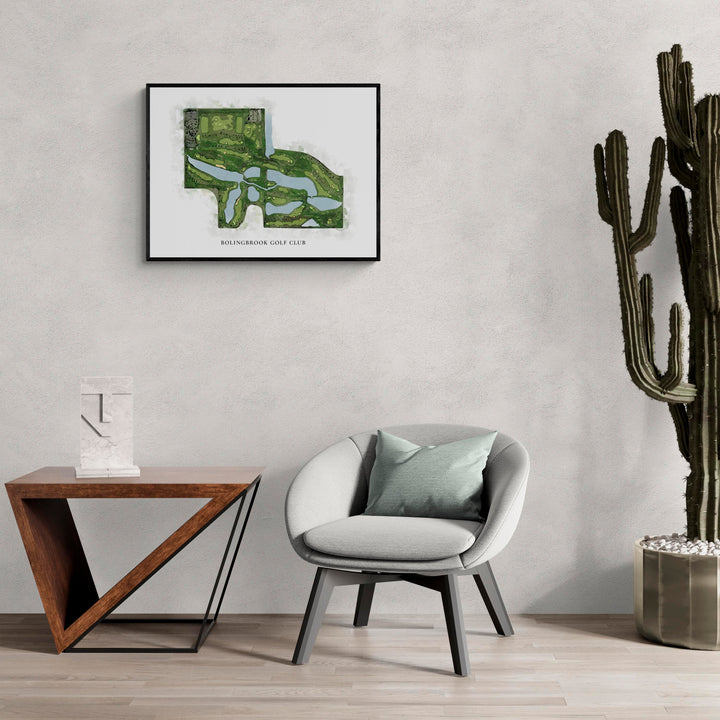 Classic Map of Bolingbrook Golf Club in a living room with large cactus plant