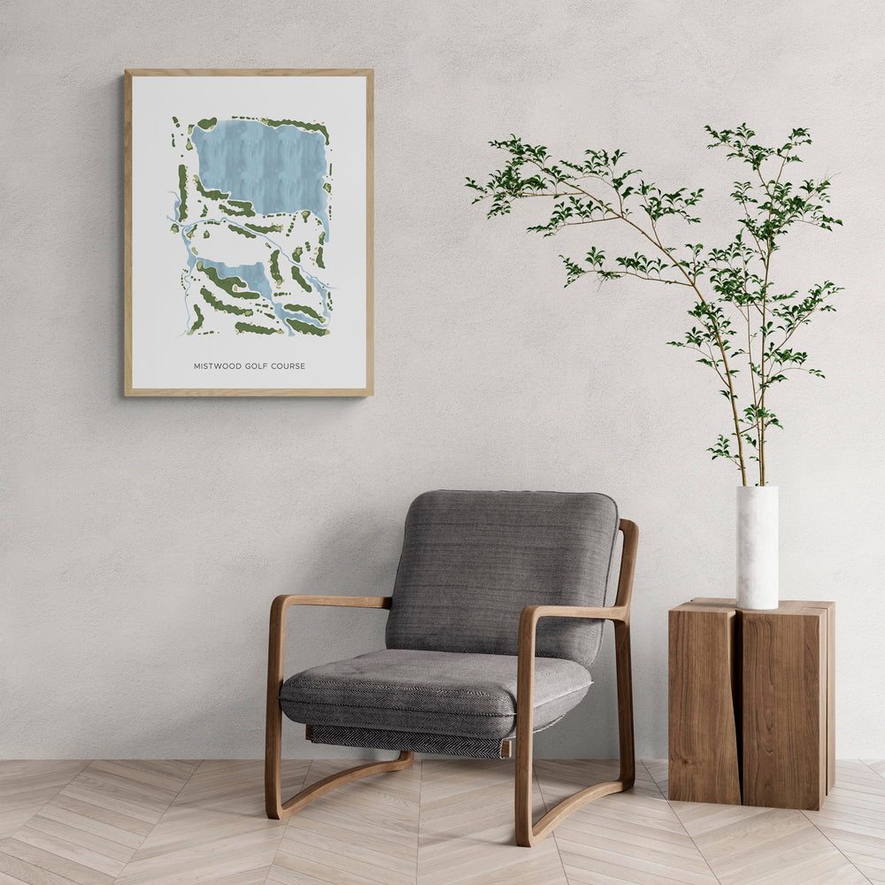 Modern Map of Mistwood Golf Course with a comfy armchair and large plant