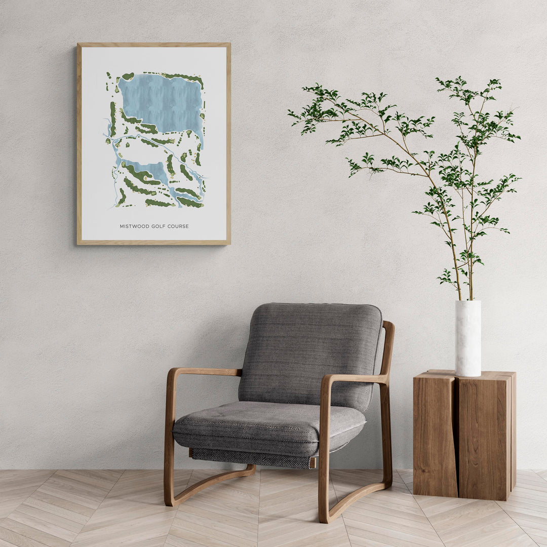 Modern Map of Mistwood Golf Course with a comfy armchair and large plant