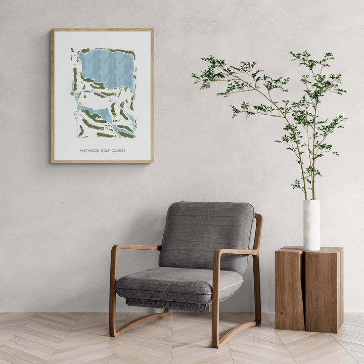 Modern Map of Mistwood Golf Course with a comfy armchair and large plant